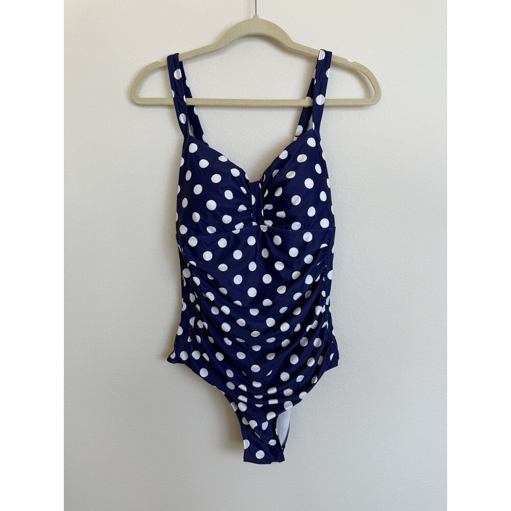 NWT Women's Tie Front One Piece Swimsuit Navy Polka Dot Size XL.
